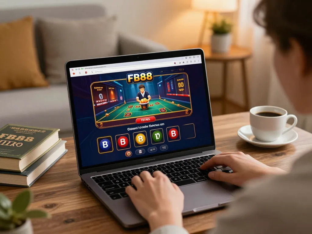 Engaging with fb88 online casino on a laptop at home, surrounded by personal touches.