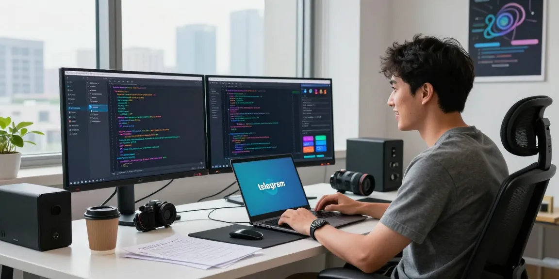 Modern tech workspace with a developer coding on 纸飞机中文版, showcasing vibrant screens and a creative environment.