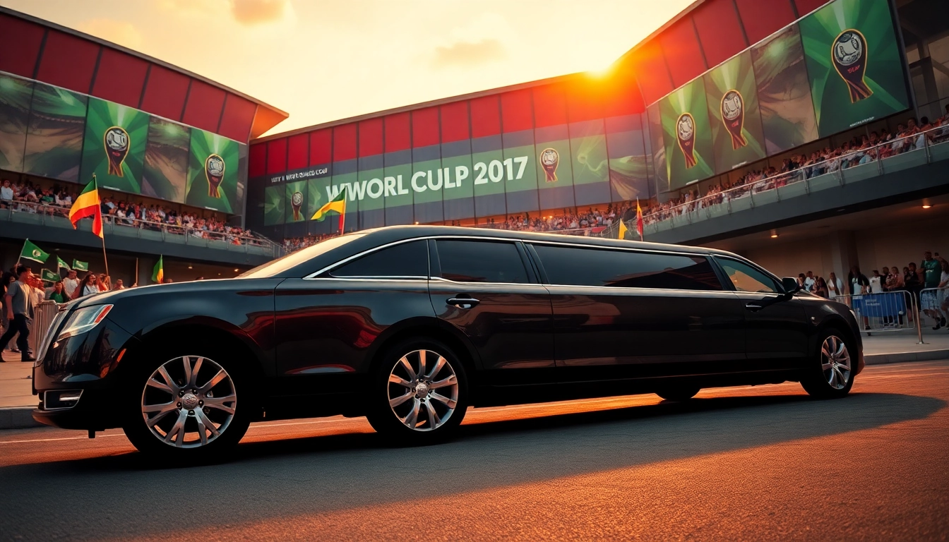 World Cup Group Transportation with a luxury limousine outside the stadium, showcasing festive fans.