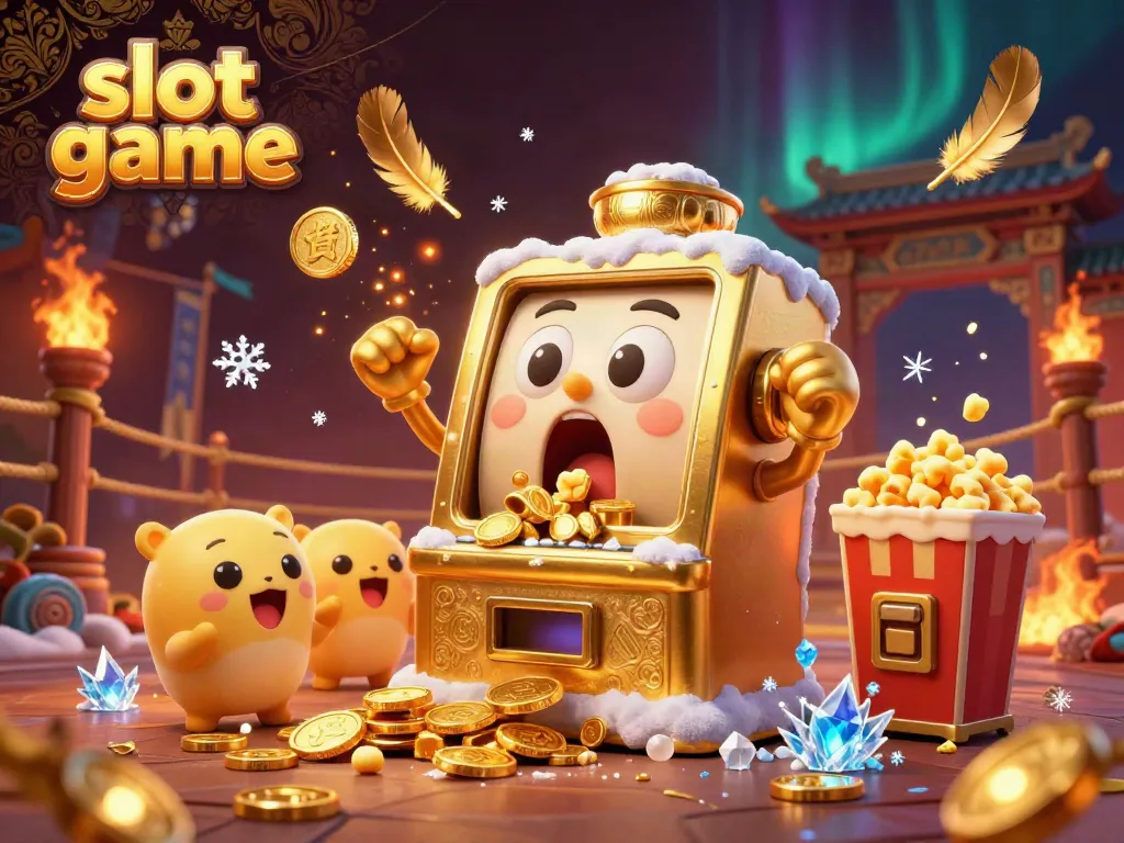 Experience the excitement of spinning a slot game as a golden machine hits a jackpot amid coins and cheering friends.