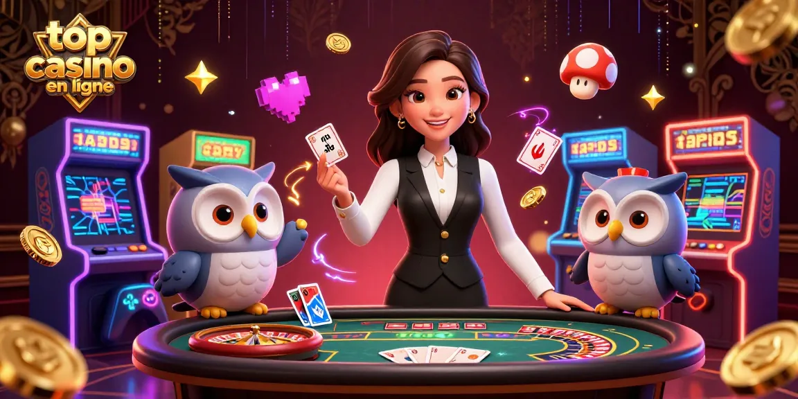 Interagissez avec les meilleurs casinos en ligne dans une scène 3D vibrante mettant en vedette un croupier professionnel et des éléments d'arcade.