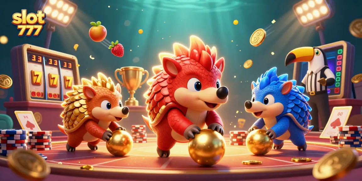 Permainan slot 777 menampilkan pangolin bersaing dengan simbol jackpot dan koin emas terbang di sekitarnya.