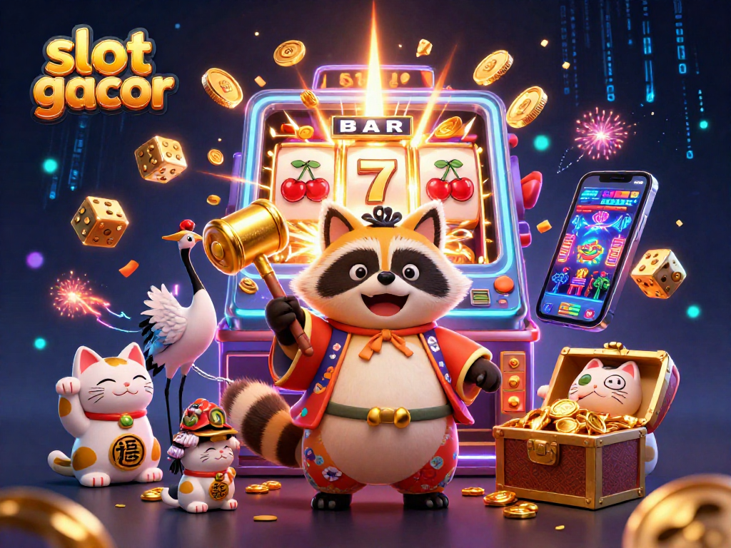 Experience the excitement of slot gacor with a charming tanuki and jackpot explosions in a vibrant scene.
