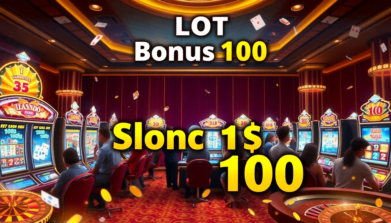 Para pemain menikmati sensasi slot bonus 100 di mesin slot yang berwarna-warni dalam lingkungan kasino mewah.