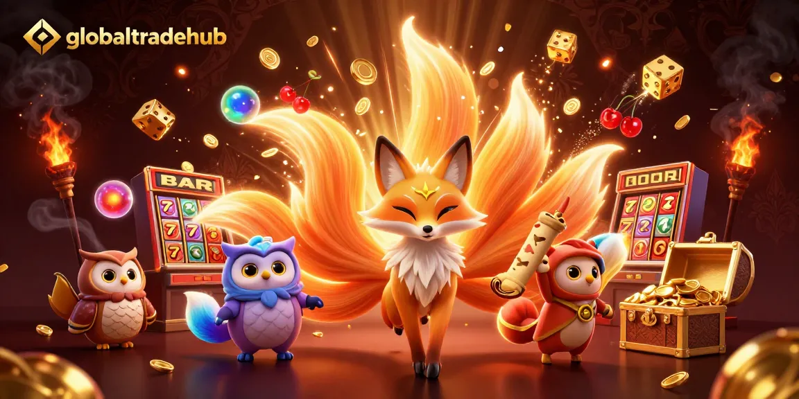 Engage in thrilling wins at globaltradehub with vibrant casino visuals, a colorful fox, and dancing spirits.