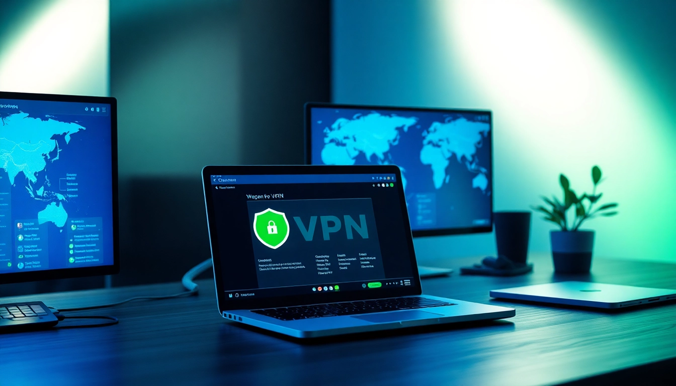 在安全数字工作区中显示的现代笔记本电脑上的快连 VPN 界面。