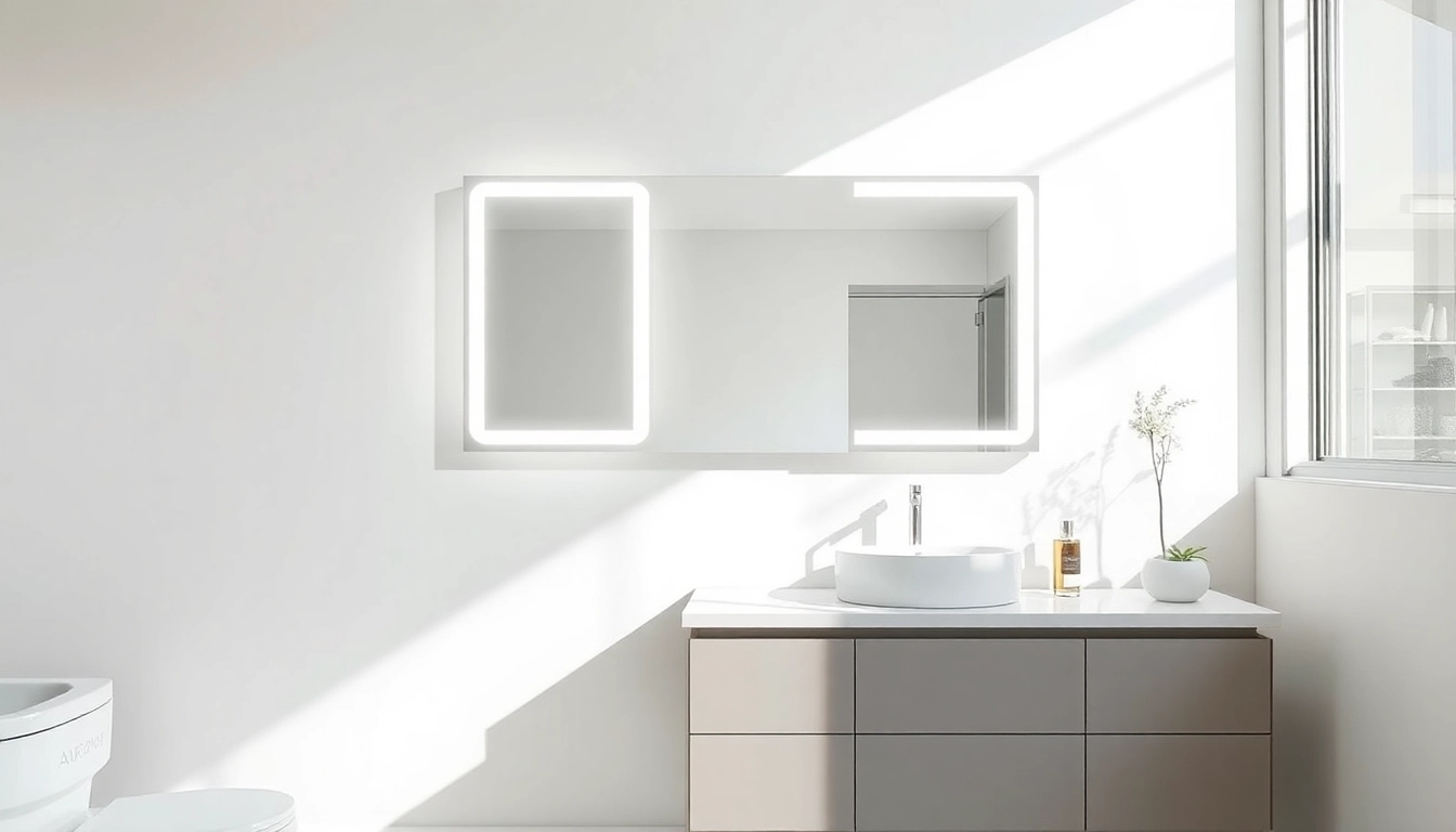 View of a modern mirror with lights above a stylish vanity in a bright bathroom.