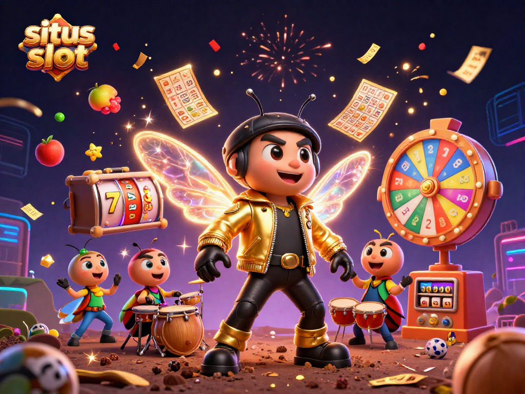Memenangkan situs slot dengan cicada rock star, mesin slot, dan kemeriahan permainan di acara kasino.
