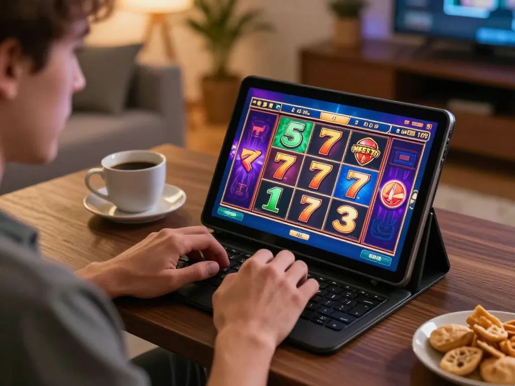 Player enjoying slot777 on a tablet, colorful game interface glowing, relaxed home setting.