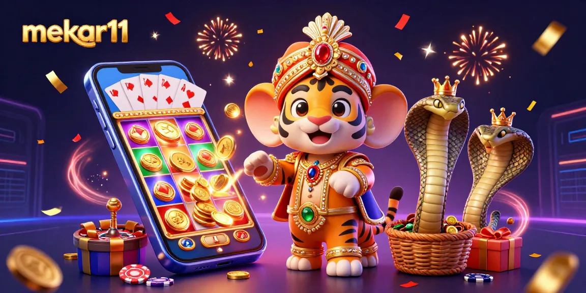 Experience mekar11 with a vibrant 3D scene featuring a maharaja, elephant, and gambling elements.