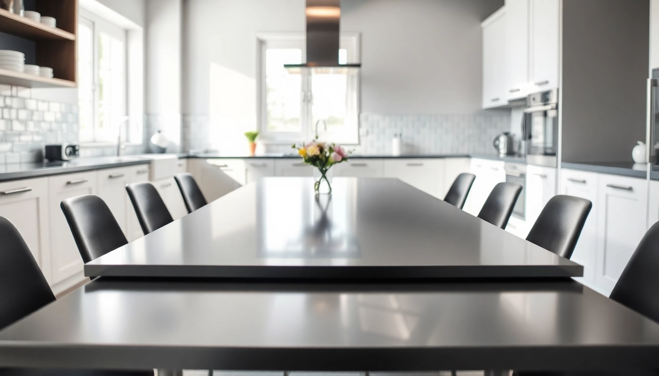 Elegant steel table for kitchen showcasing a polished design in a bright, inviting space.