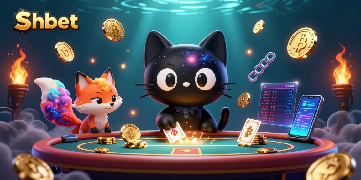Experience Shbet’s cosmic casino world with a black hole cat and nebula fox, drawing in glowing chips.