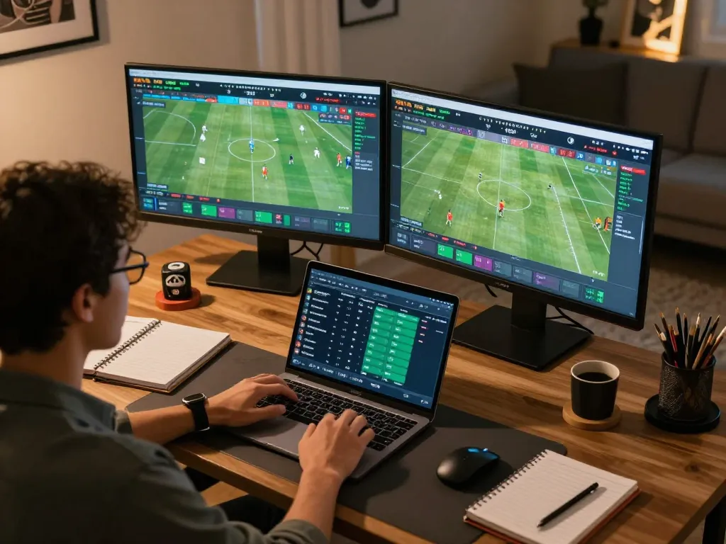 Cakhiatv sports betting analysis session with dual monitors showcasing live statistics and betting odds.