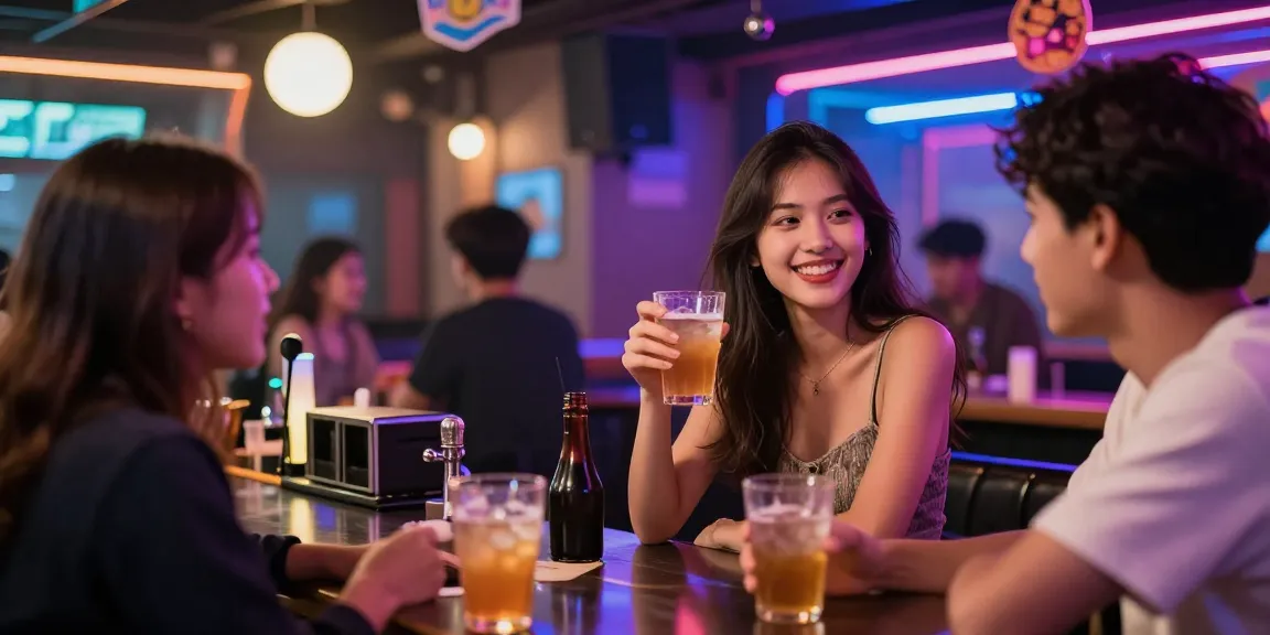 밤알바란의 매력을 지닌 여성이 노래방에서 고객과 소통하는 모습