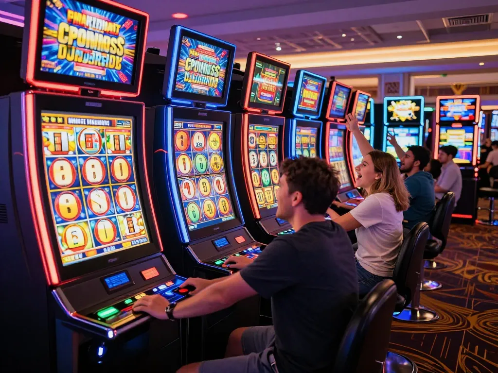 Slot gacor gampang menang in a lively casino, players celebrating wins at vibrant slot machines.