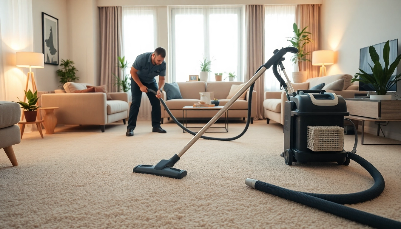 Efficient carpet cleaning near me in a bright living room with professional equipment.