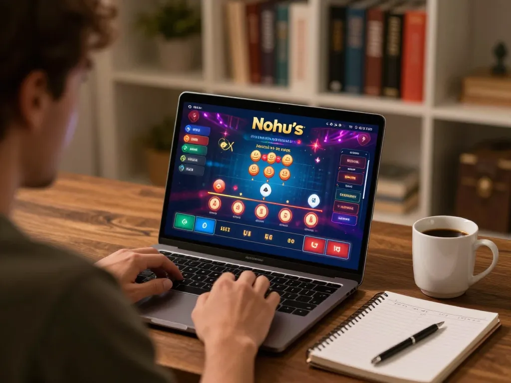 Nohu online gaming setup with a player strategizing bets using a laptop and notes
