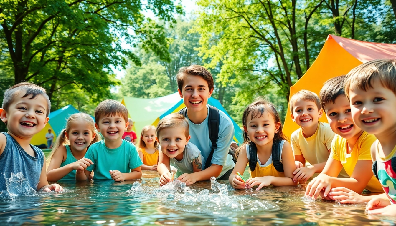 Children participating in fun activities at a summer kids camp surrounded by nature.
