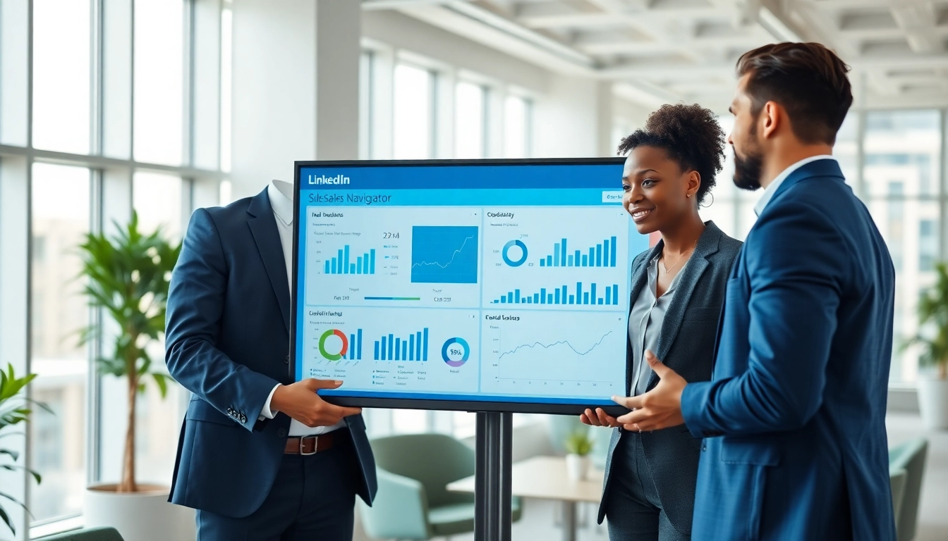 Analyze data and scrape Sales Navigator leads safely with professionals in a bright office.
