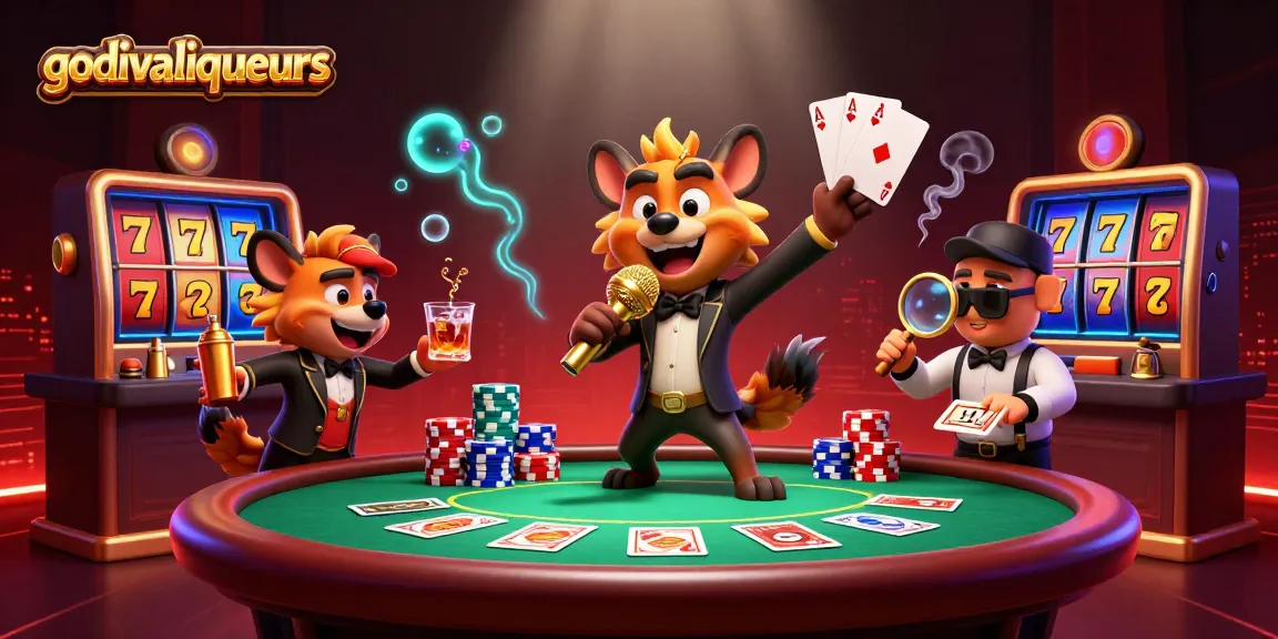 Engage with godivaliqueurs at a vibrant comedy casino featuring hyenas and lively games.