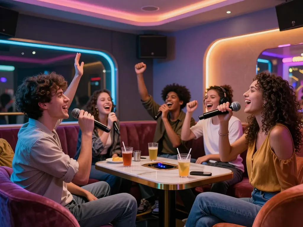 Friends singing joyfully at https://www.magic4karaoke.com/ karaoke venue, showcasing vibrant atmosphere and modern decor.