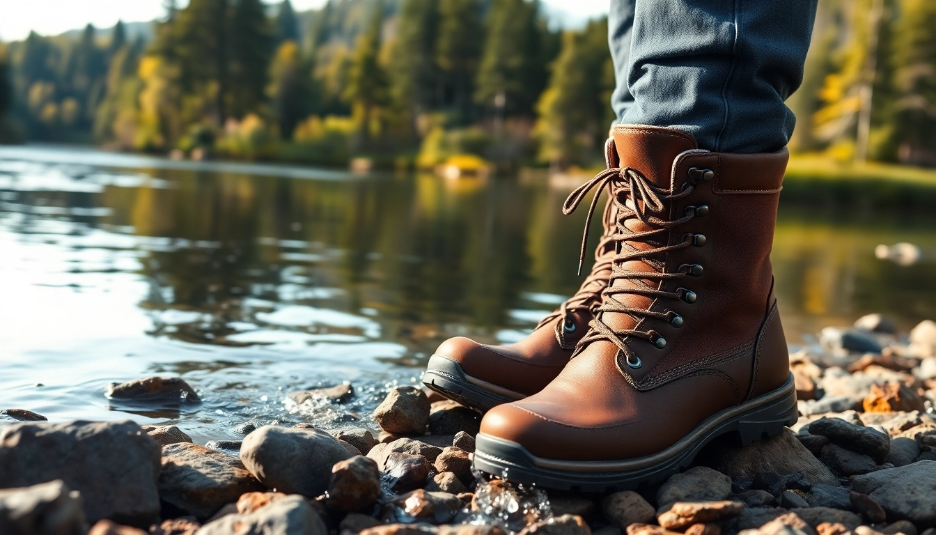 Person wearing fly fishing boots standing on rocky riverbank with splashing water.