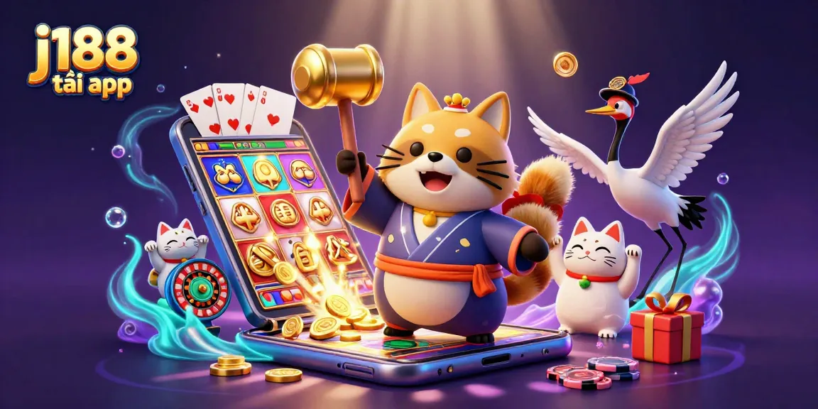 Experience excitement and charm with j188 tải app showcasing a cheerful tanuki, crane, and fortune cats in a vibrant casino scene.