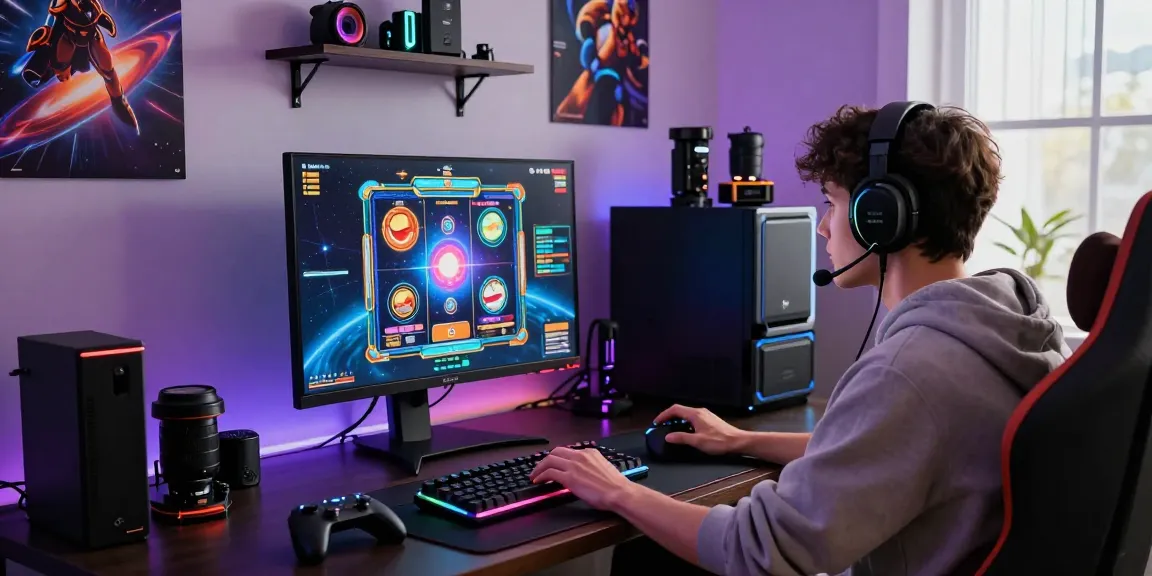 Engaging gamer enjoying the spaceman slot game in a vibrant, tech-filled room.
