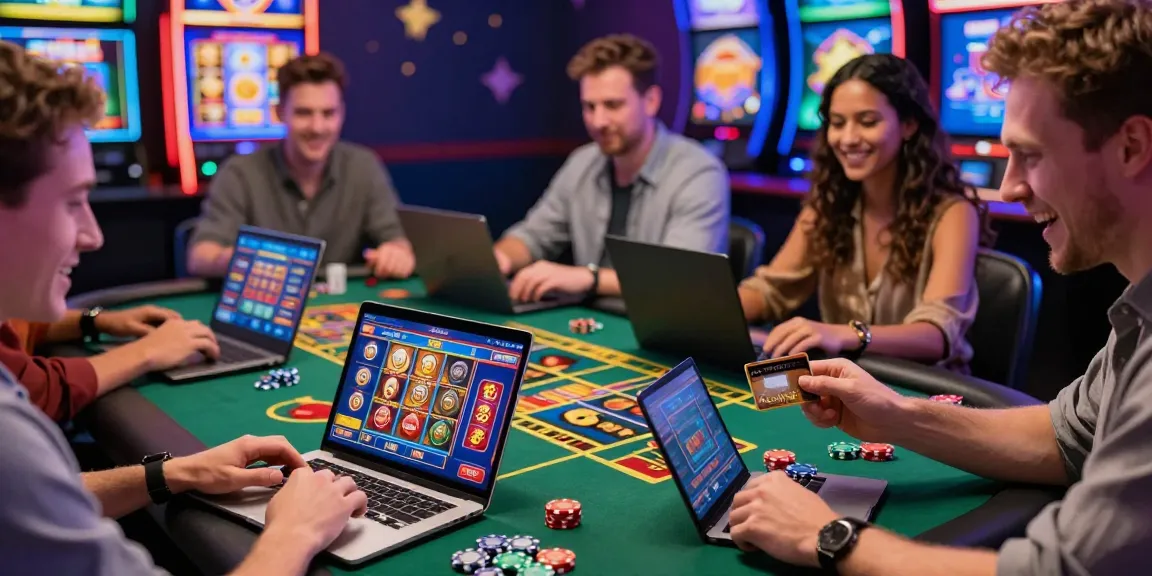 Players enjoying online credit card games at being-there.org.uk, vibrant casino atmosphere captured with joyful expressions.