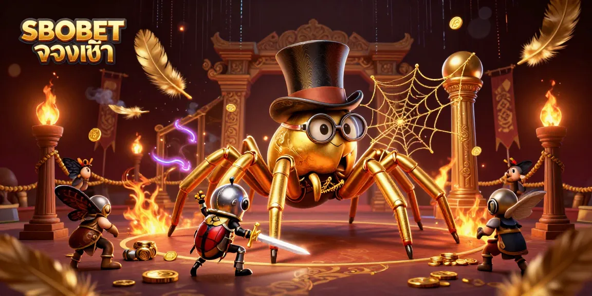 SBOBET ทางเข้า vibrant 3D illustration featuring a golden tarantula weaving its casino web with a brave beetle knight.