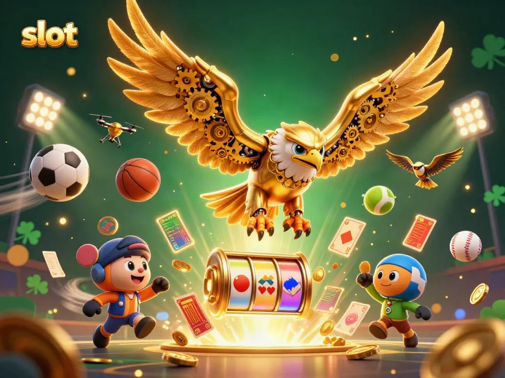 Experience thrilling slot actions with cybernetic eagle diving through dynamic reels and holographic cards.