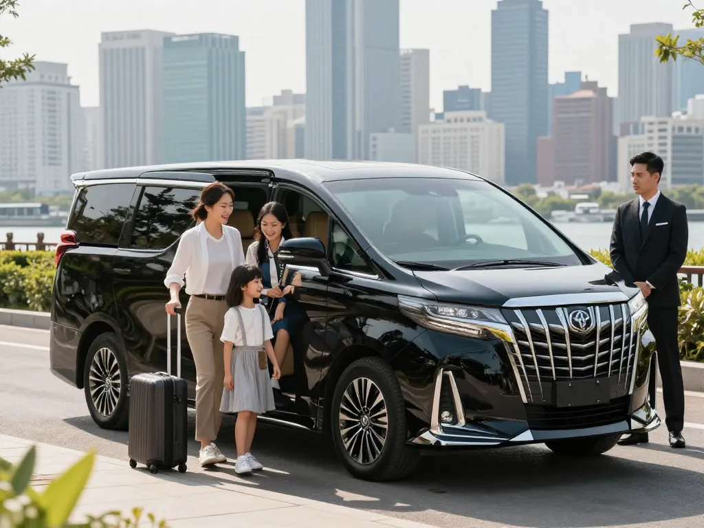 Gia đình tận hưởng trải nghiệm sang trọng với cho thuê xe Toyota Alphard trong môi trường đô thị.