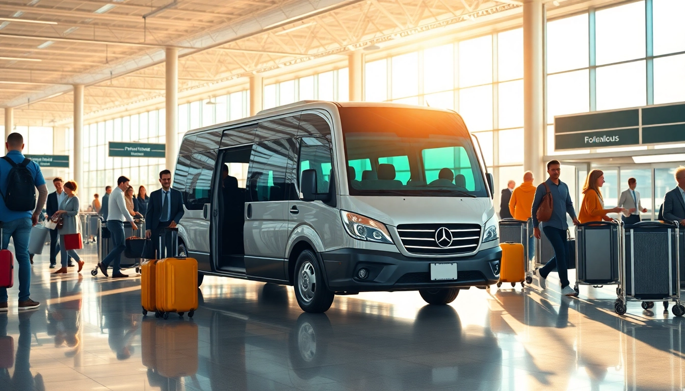 Experience Private Airport Transfers with a modern vehicle and passengers at the airport.