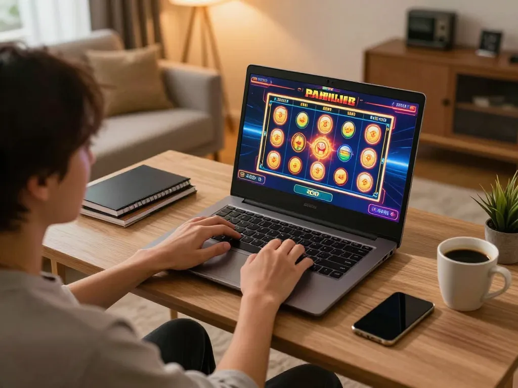 Engaging in online gaming on a slot server Thailand from a cozy home setting, showcasing excitement and strategy.