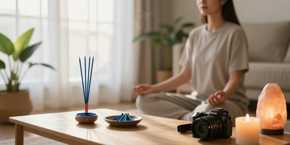 Relaxing moment with liquid-blue-incense sticks and soft candlelight in a serene meditation space.