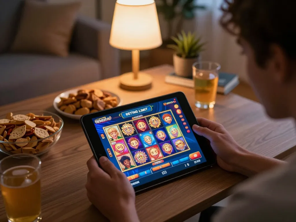 Engaging in online slots gameplay with tablet and colorful graphics at home on slot-gacor2026