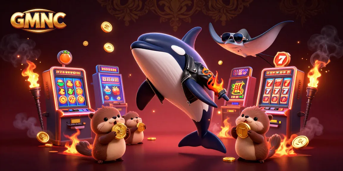 GMNC showcases an exciting casino scene with cartoon characters enjoying slot machines and golden coins.