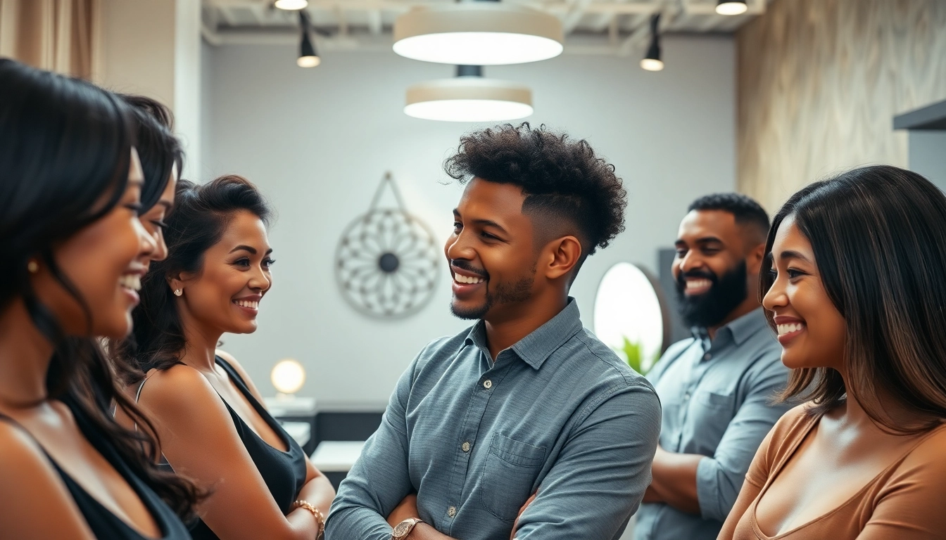 Ace of Fades 212 showcasing a hair replacement session with diverse clients in a modern studio.