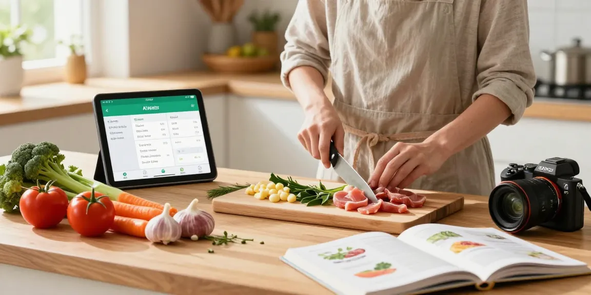 Person using the best nutrition tracking app while preparing a healthy meal in a bright kitchen.