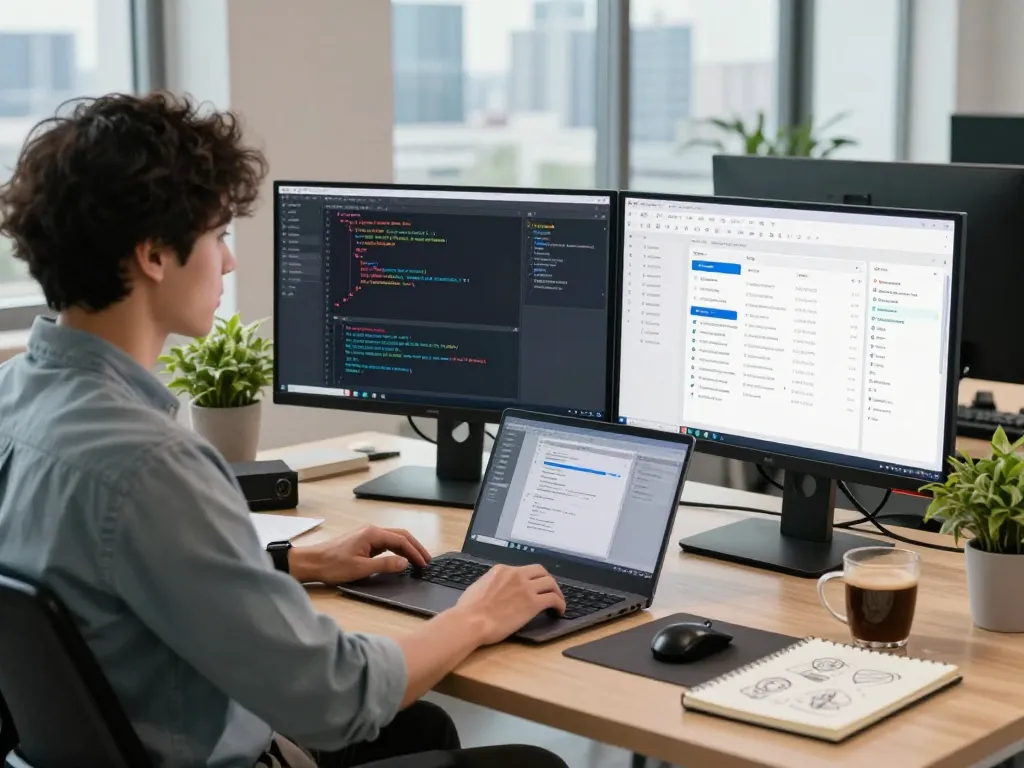 Developer using OpenClaw AI personal assistant in a bright tech workspace.