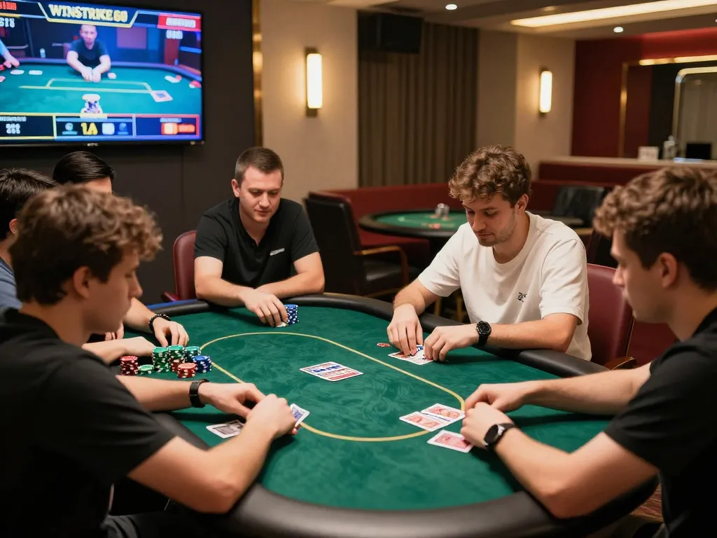 Players engaged at a winstrike69 online poker table, showcasing competitive gameplay and strategic decisions.