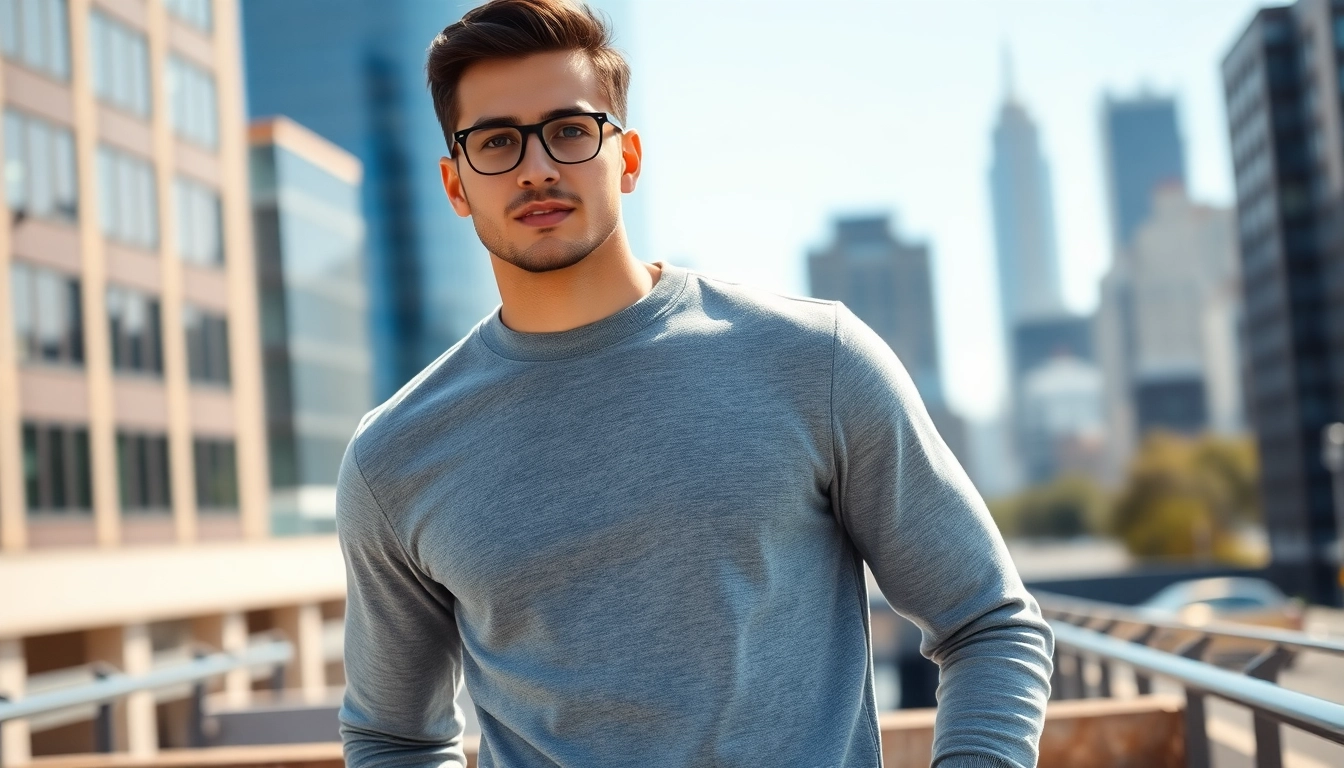 Model showcases a stylish blank crewneck in an urban setting with natural lighting.