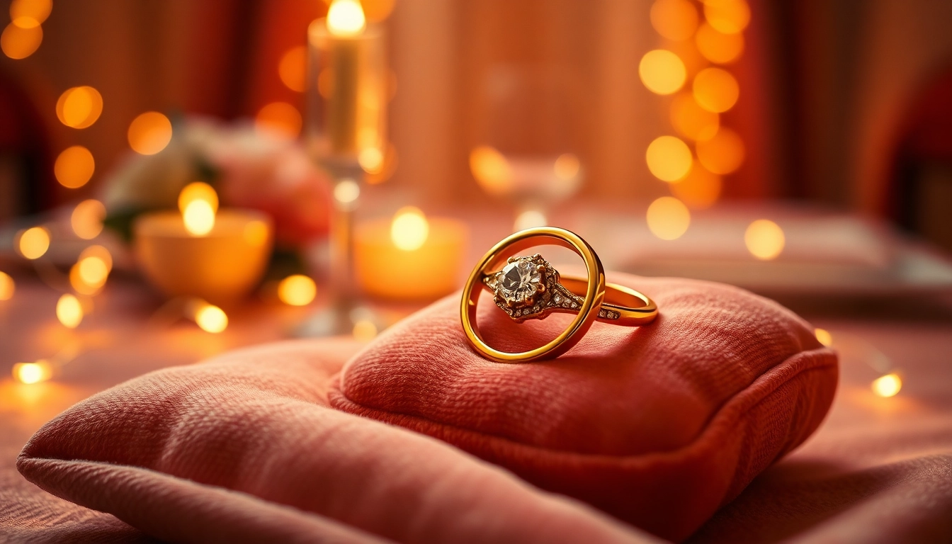Admire stunning promise rings delicately placed on a velvet cushion illuminated by soft glowing lights.