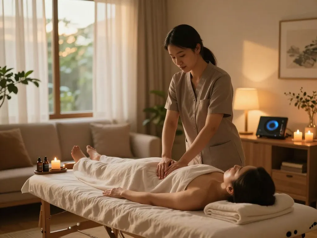 Relaxing massage therapy at home highlighting maxim-anma.net's premium wellness service.