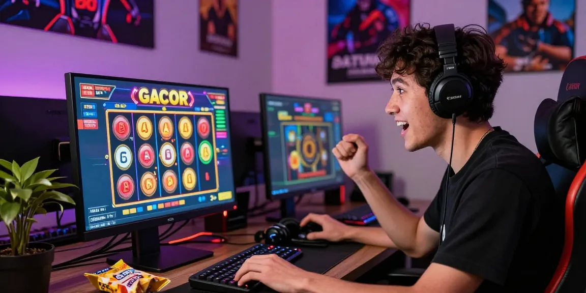 Engaged player enjoying slot gacor game online in a vibrant home office.
