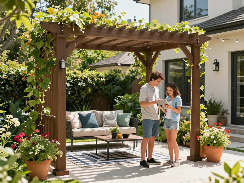 Couple using a custom pergola configurator in an inviting backyard setting with sunlit greenery.