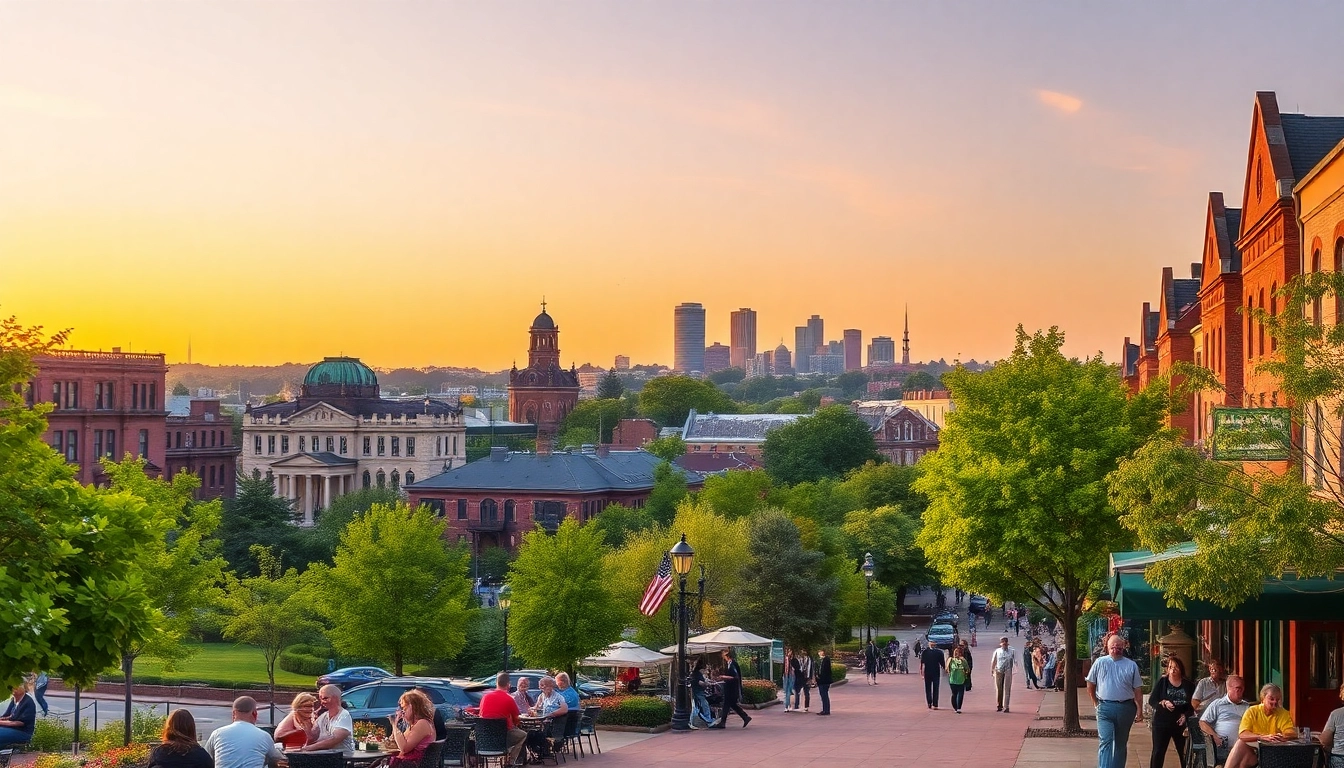 Engaging view of Clarksburg's vibrant cityscape during sunset with bustling outdoor life.