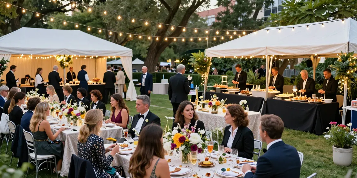 Event rental KSA showcasing a luxurious outdoor gala with elegant décor, gourmet catering, and live entertainment.