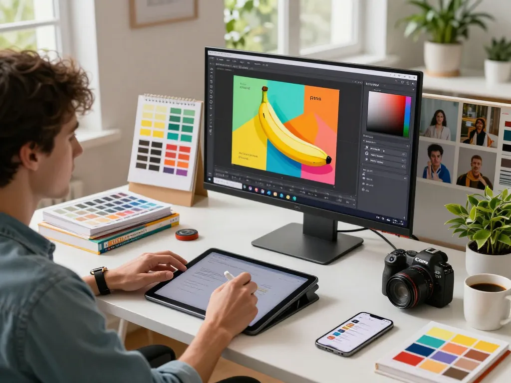 Designer engaging with nano banana AI image editor in a vibrant, modern workspace.
