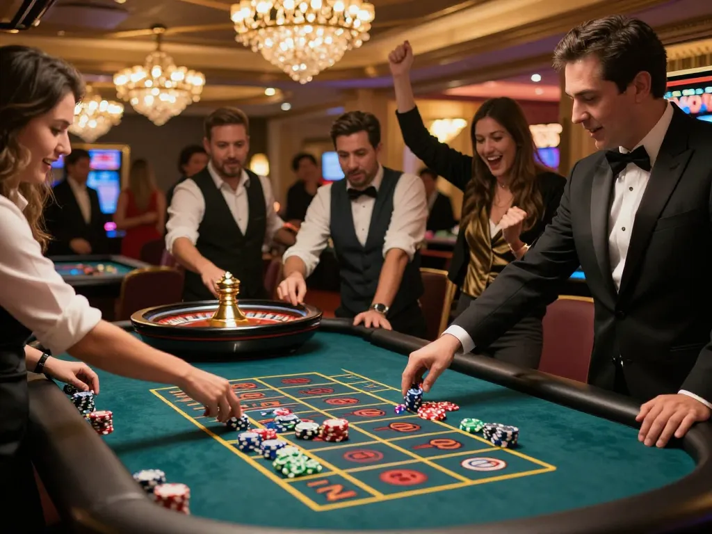 Players placing bets and winning on top quality widgets at a lively roulette table in an upscale casino